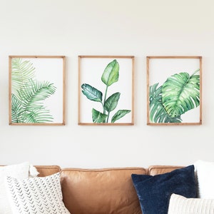 Tropical Watercolor Print Set of 3, Home Decor, Monstera Plant, Bird of Paradise Plant, Palm Leaf, House Plant image 1