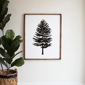 Pine Tree Silhouette Watercolor Print, Christmas Tree Painting, Evergreen, Holiday, Scandinavian, Black and White Decor