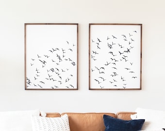 Bird Flock Silhouette Set of Two, Birds in Flight Watercolor Print, Wall Art, Home Decor, Black and White Art