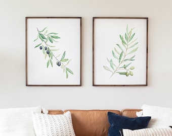 Olive Branch Watercolor Print Set, Green & Black Olives, Wall Art