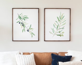 Olive Branch Painting Set of Two, Green & Black Olives Watercolor Print, Wall Art, Home and Kitchen Decor