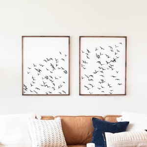 Bird Flock Silhouette Set of Two, Birds in Flight Watercolor Print, Wall Art, Home Decor, Black and White Art