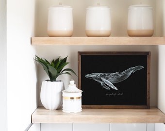 Humpback Whale Drawing, Black and White Print, Nautical Wall Art, Home Decor, White on Black, Beach House, Lake House, Bathroom Decor