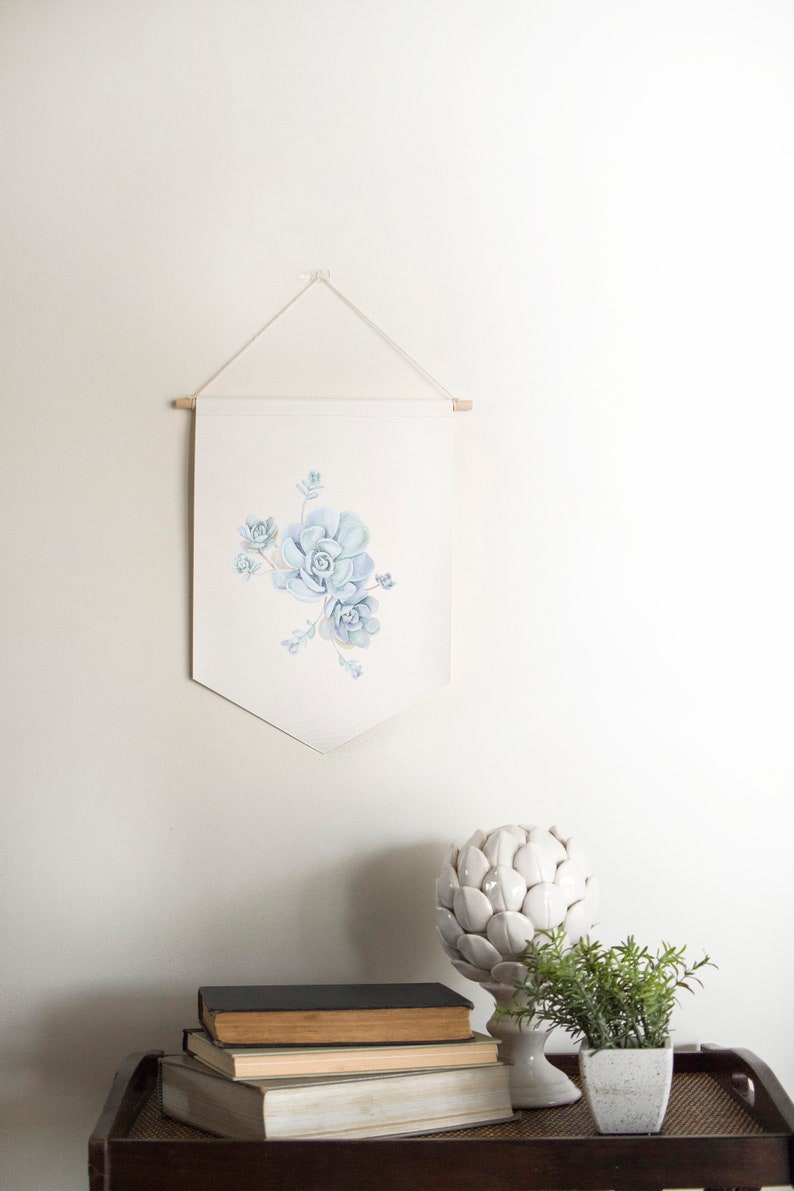 Botanical Wall Hanging Succulent Pennant Watercolor Print Blue Succulent Wall Art Echeveria Hanging Canvas
