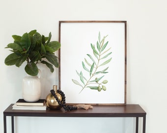 Olive Branch Watercolor Print, Botanical Wall Art, Green Olives, Home Decor, Kitchen/Dining Room