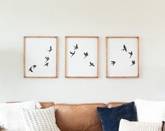 Birds in Flight set of 3, Birds Watercolor Set, Wall Art, Silhouette, Continuous Set, Black and White