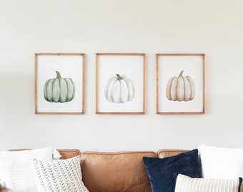 Pumpkin Watercolor Set of 3, Fall Print Set, Thanksgiving Wall Art, Autumn Decor, Seasonal Art, Green Pumpkin, White Pumpkin