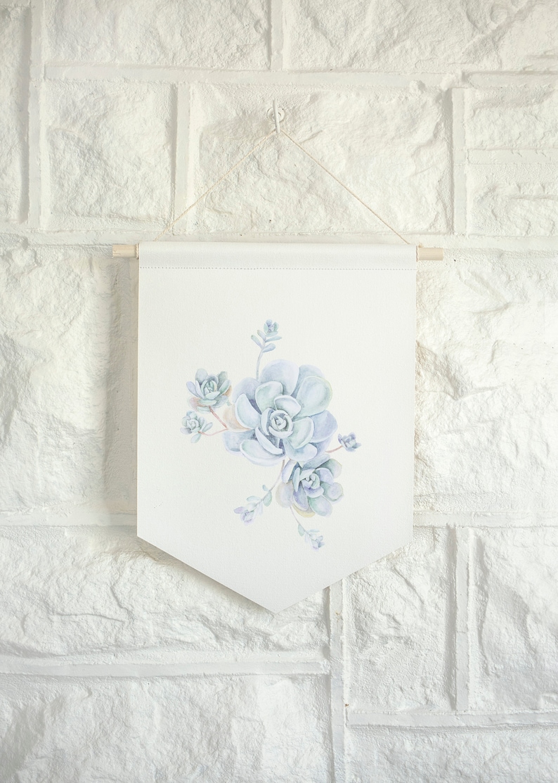 Botanical Wall Hanging Succulent Pennant Watercolor Print Blue Succulent Wall Art Echeveria Hanging Canvas