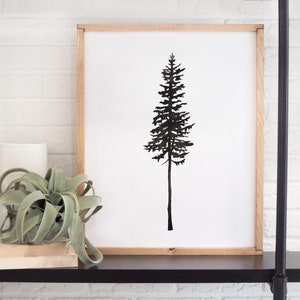Pine Tree Silhouette Watercolor Print, Sparse Christmas Tree Painting, Evergreen, Holiday, Scandinavian Black and White