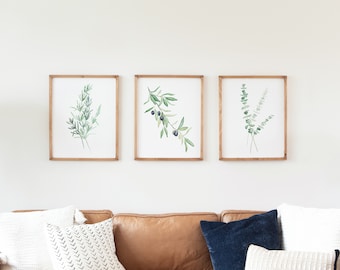 Greenery Branches Set of 3 Watercolor, Botanical Wall Art, Rosemary, Olive Branch, Eucalyptus, Greenery, Kitchen Decor