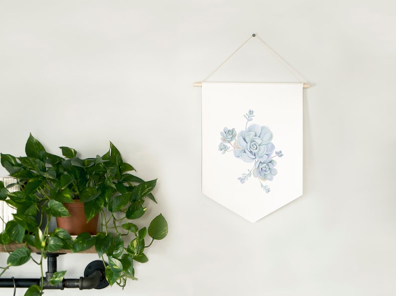 Botanical Wall Hanging Succulent Pennant Watercolor Print Blue Succulent Wall Art Echeveria Hanging Canvas