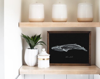 Blue Whale Drawing, Black and White Print, Nautical Wall Art, Home Decor, White Pencil Drawing, Beach House, Lake House, Bathroom Decor