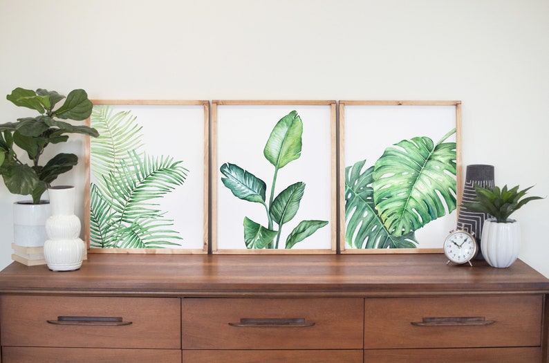 Tropical Watercolor Print Set of 3, Home Decor, Monstera Plant, Bird of Paradise Plant, Palm Leaf, House Plant image 2