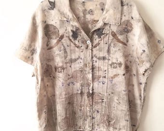 Upcycled Linen Blouse, Naturally Dyed, OOAK Linen Top, Leaf Print Blouse, Linen Blouse