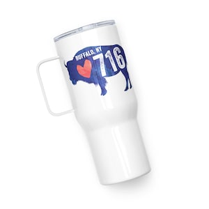 May include: White stainless steel travel mug with a blue and red design featuring a buffalo silhouette and the text "BUFFALO, NY 716".