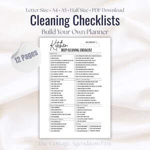 Op de afbeelding: Een afdrukbare checklist voor het diep reinigen van de keuken, met secties voor apparaten, kasten en vloeren. De tekst bevat "Cleaning Checklists" en "Build Your Own Planner". Het ontwerp is een PDF-download, A4-formaat, met 12 pagina's.