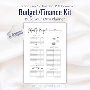 May include: A white printable budget planner with the text "Budget/Finance Kit" and "Build Your Own Planner". The planner includes sections for monthly income, bills, expenses, credits, and savings. The text "5 Pages" is on a white sticker.