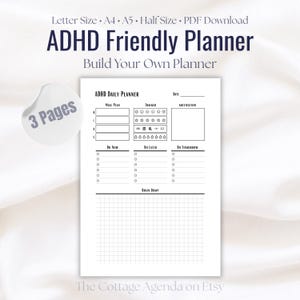 Op de afbeelding: Een witte ADHD Daily Planner met de tekst "ADHD Friendly Planner" en "Build Your Own Planner". De planner bevat secties voor maaltijdplanning, tracking, motivatie en een brain dump-gebied. Verkrijgbaar in letter, A4, A5 en halve formaten.