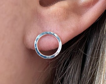Hammered Sterling Silver Circle Studs: Minimalist Open Earrings
