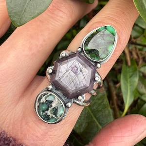 Ruby Sapphire Variscite Sterling Silver Statement Ring - UKN/US6.75