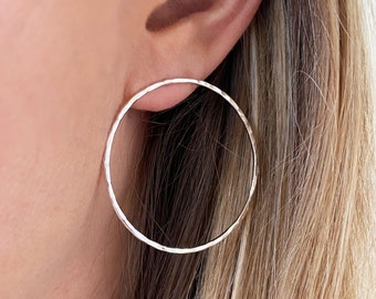 Oversized Hammered Sterling Silver Hoop Studs - 35mm