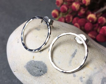 Hammered Sterling Silver Circle Studs: Minimalist Open Hoop Earrings