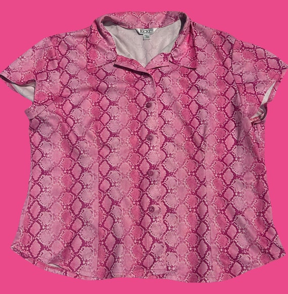 Pink Snakeskin 90s Y2K Button up Collared Crop to… - image 1