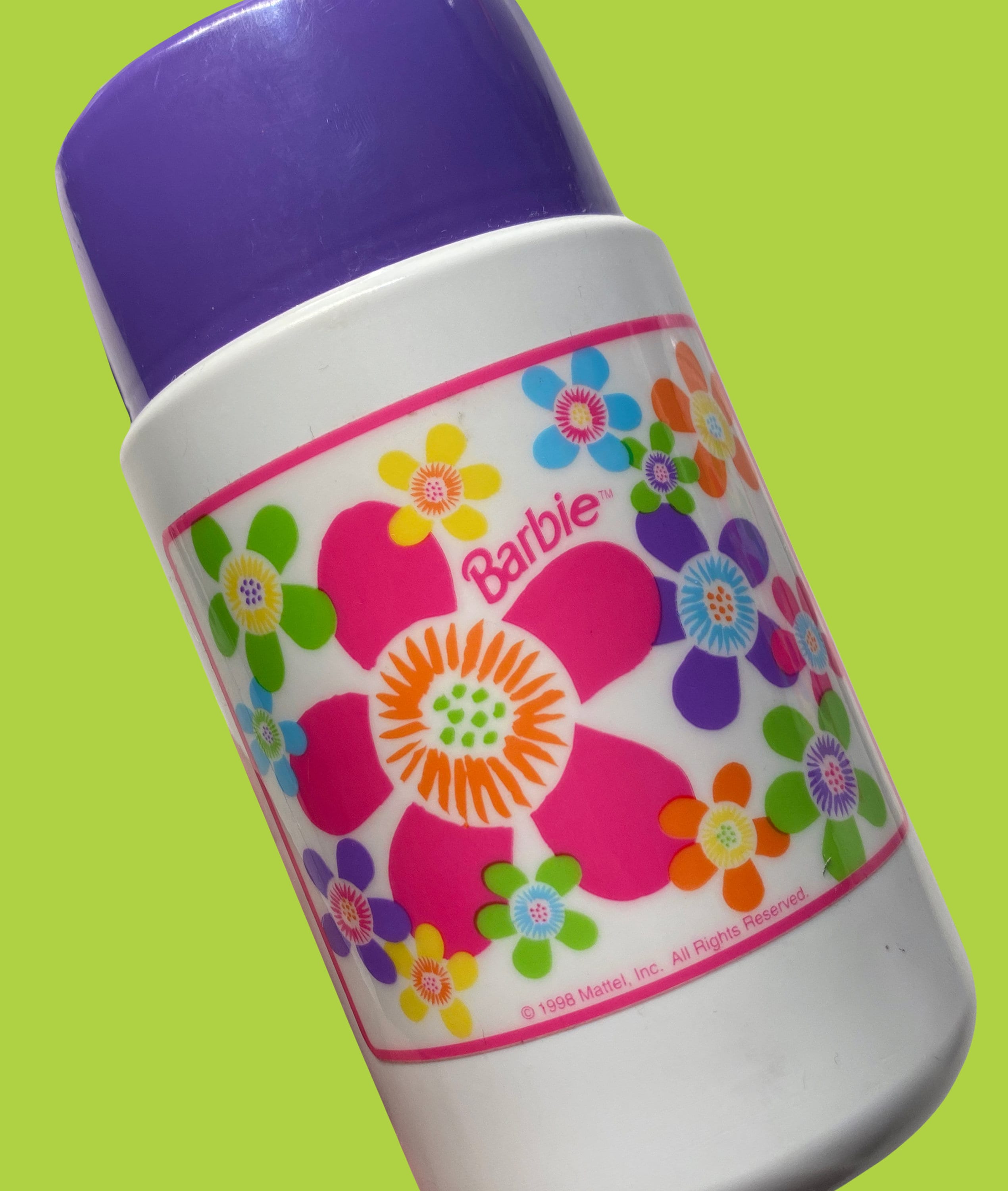 Vintage 1998 Barbie Thermos Deadstock Retro Mattel Floral Psychedelic Print  Hot/cold Double Walled Thermos for School Lunches 