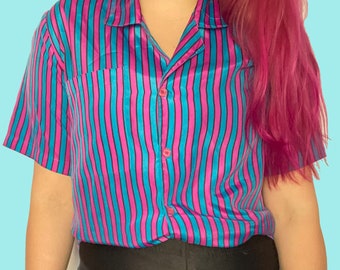 Purple and Blue Candy Striped Blouse / Vintage Blouse Colourful / Vertical Striped Unisex Oxford Short Sleeve/ Silky Material