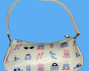 Girls Night Out Mini Bag with Cute Print / Y2K Micro Handbag/White Blue and Pink with Metal rings and 1 inch Strap