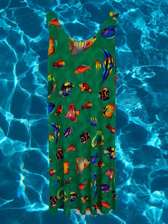 Vintage Pretty Woman Brand Tropical Fish Beach dress / Cover up / flowy /  bold fish print maxi dress / moo moo