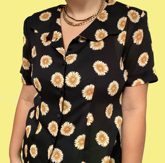 Vintage Daisy Sheer Blouse / 1990s 1980s Black and ye… Gem