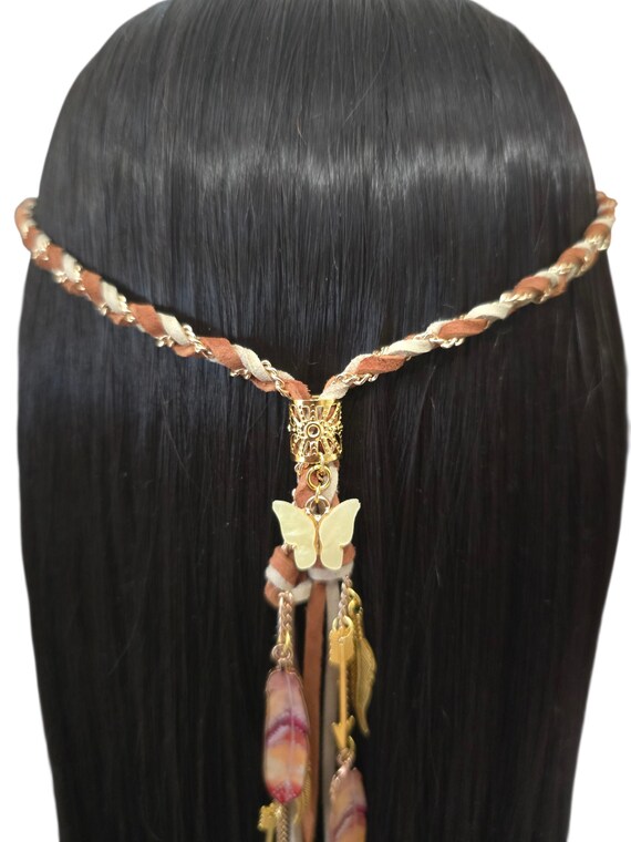 Bohemian Braided Headband with Gold Chains Buy Boho Headband - Gold White Braided Headband - Hippie  main image 4