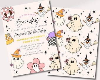 May include: Two Halloween-themed invitations with a light beige background. The invitations feature cartoon ghosts, stars, and text that reads "Boo-day" and "Harper's 7th birthday". The invitations also include the date, time, and location of the party.
