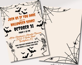 May include: Halloween party invitation with a cream background, black bats, spiders, and spiderwebs. The text reads "Join us if you dare for a Halloween scare! October 31" with event details. Includes an optional backing.
