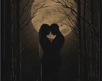 Midnight Lovers' Serenade | Moonlit Romance Art | Silhouette Poster | Love Illustration | Digital Download