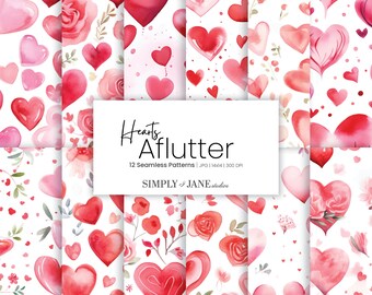 Hearts Aflutter Valentine's Day Patterns | Watercolor Repeatable Set | 14x14in | Digital Download