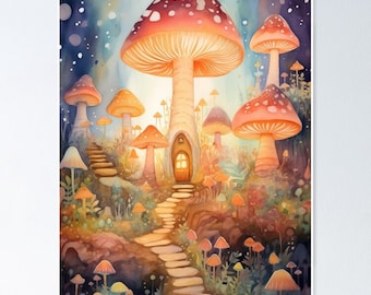 Mystic Fungi Abode | Enchanted Mushroom Art | Fairy Tale Forest Print | Magical Nature Poster | Digital Download