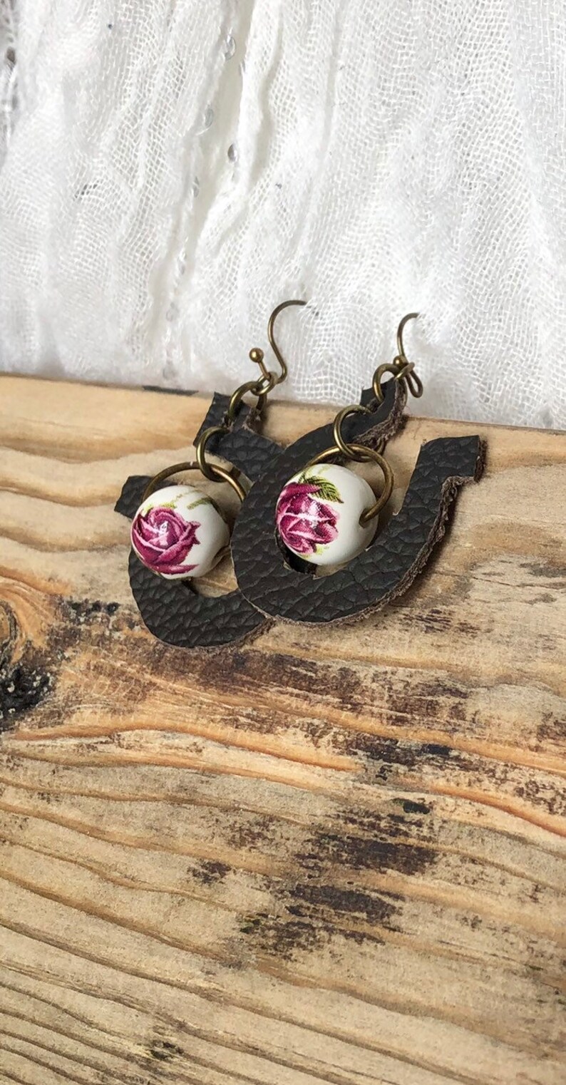 Turquoise beads Western earring w ceramic bead A Little Lucky Shoe Genuine Leather Horseshoe earring Horseshoe