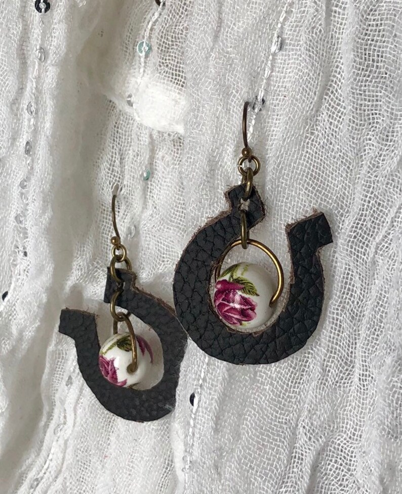 Turquoise beads Western earring w ceramic bead A Little Lucky Shoe Genuine Leather Horseshoe earring Horseshoe