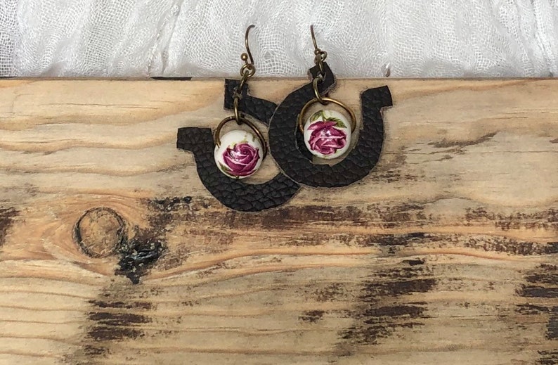 Turquoise beads Western earring w ceramic bead A Little Lucky Shoe Genuine Leather Horseshoe earring Horseshoe
