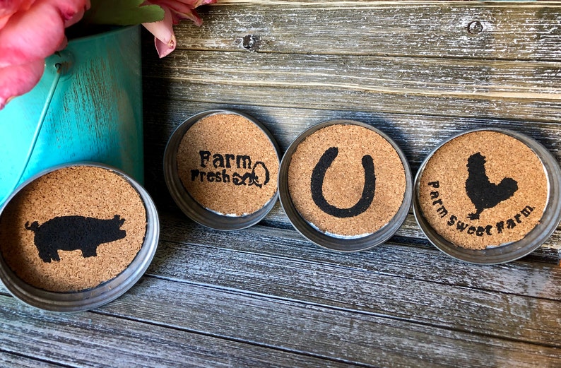 4 Pack Rustic Cork Coasters in a Mason Jar Lid Custom Made Etsy