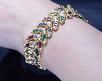 18K Gelbgold, Smaragd, Rubin, blauer Saphir und Diamant Vintage Armband