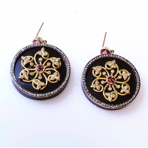 Vintage Round Black Onyx Earrings with Diamonds