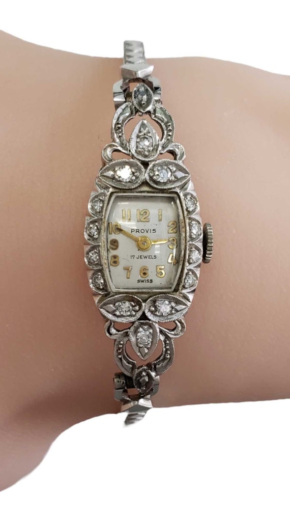 Vintage Provis Swiss 14K White Gold Diamond Women'