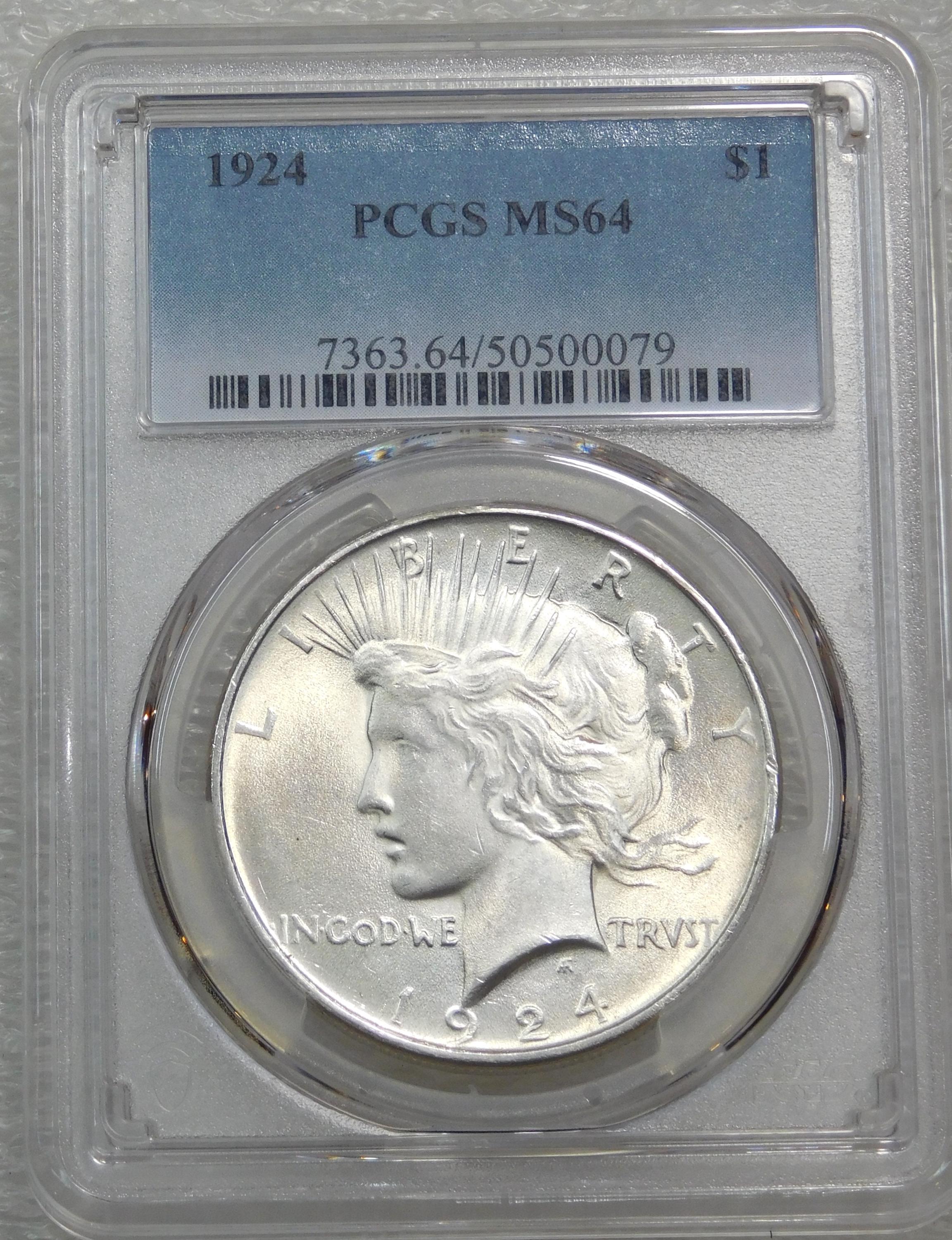 1924 Peace Silver Dollar PCGS Certified + Graded MS64 White Frosty