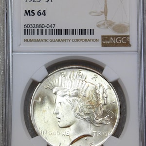 1925 Peace Silver Dollar NGC certified + graded MS64 Brilliant Frosty Luster, Premium Quality Beautiful coin #Y9H