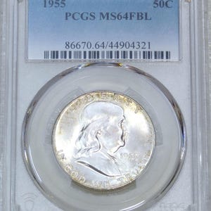 1955 P Certyfikowana moneta Franklin Silver Half Dollar PCGS MS64FBL Pełne linie dzwonu, biały mroźny połysk Najwyższa jakość Właśnie oceniona #Z441N