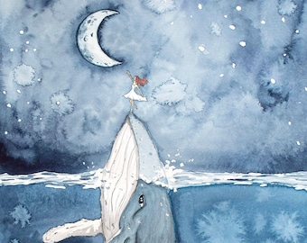 Girl Whale Rider Art Print, Humpback Whale, Children Illustration, Moon Painting | Nursery Decor