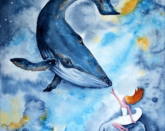 クジラと少女の水彩画 – 夢のような海のファンタジーアート、気まぐれ